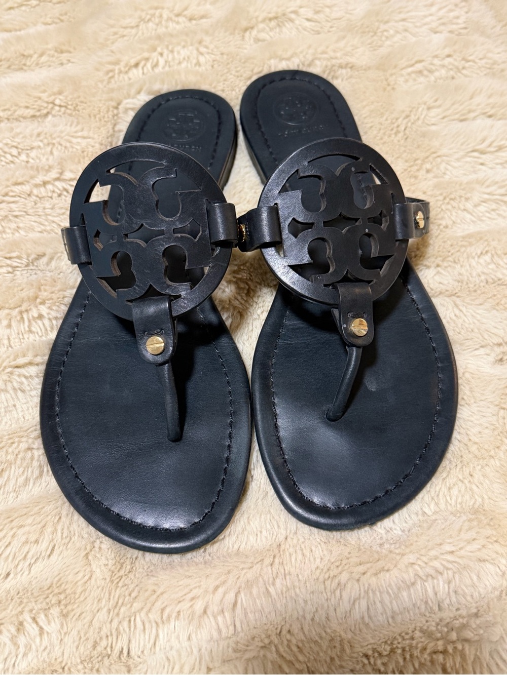 Tory Burch Black Leather Logo Thong Sandals size 9